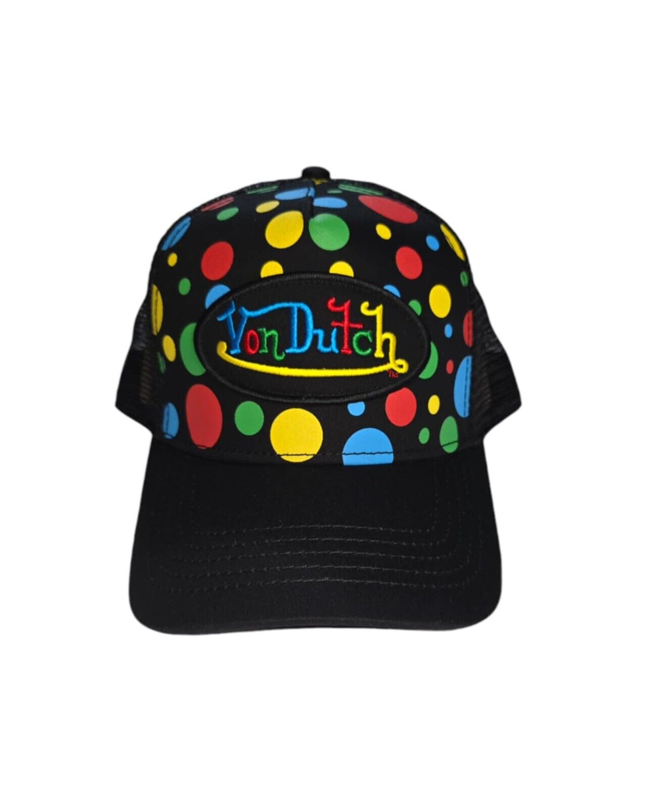 Von Dutch Black Polka Dot Trucker Hat, Snap Back Von Dutch Logo Patch Brand New