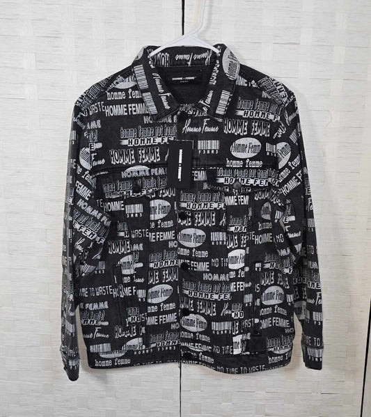 Homme + Femme Men's Black All Over Logo Print Button Front Denim Jacket Small