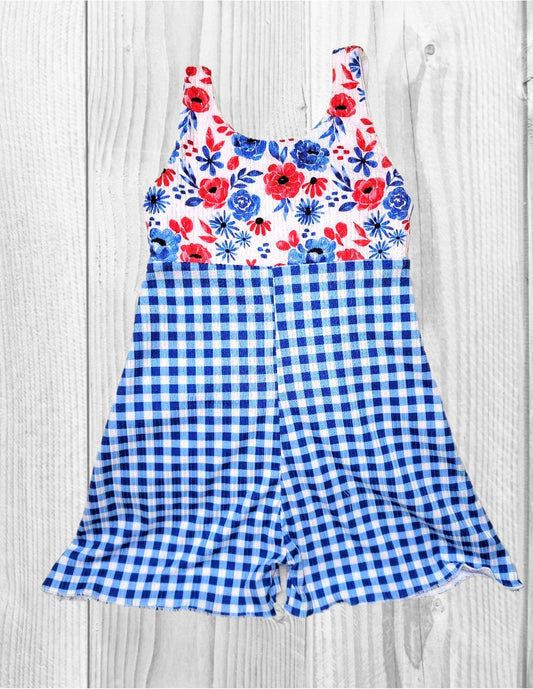 Girls Red White Blue Floral Romper